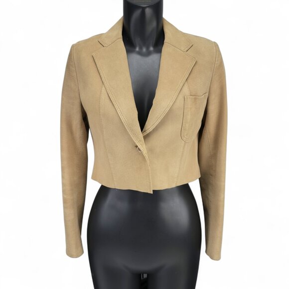 VINTAGE Suede Cropped Tan Camel Beige Blazer Jacket XS/S - Picture 1 of 7